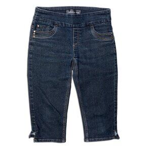 Reitmans Jeans Stretch Denim Capris Pull On Comfy Dark Wash Slit Hem Size 0